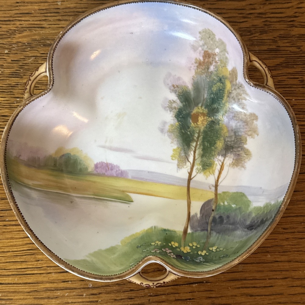 Antique Nippon Hand Painted 3-Handled Dish • Landscape Scene • 6.5"